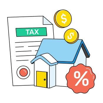 Tax document with house, coins, and percentage badge representing exemptions and relief
